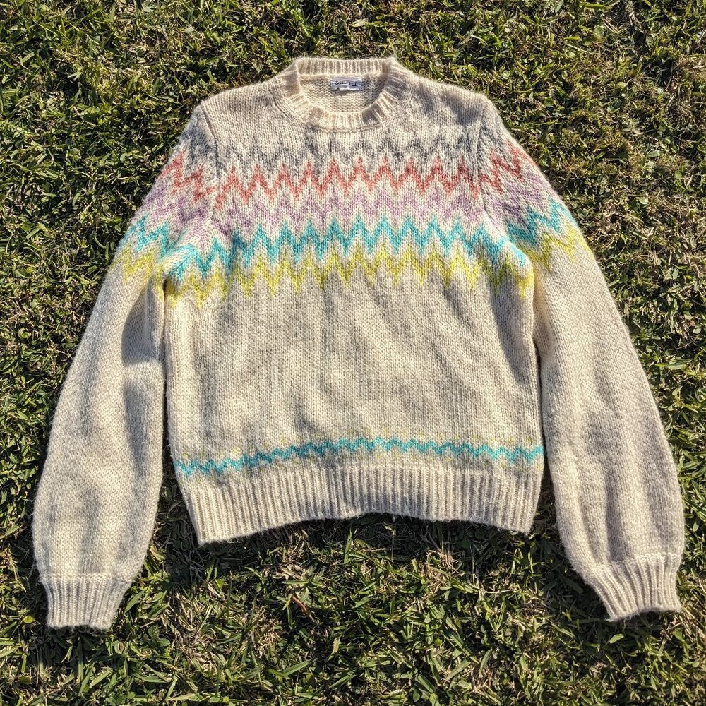 Pastel Icelandic Style Fair Isle Sweater Large Off-White Pullover Alpine Nordic